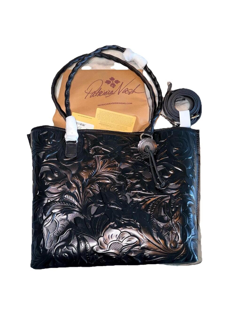 Patricia Nash Adeline Black Leather Cutout Tooled Tote Crossbody Handbag NEW NWT